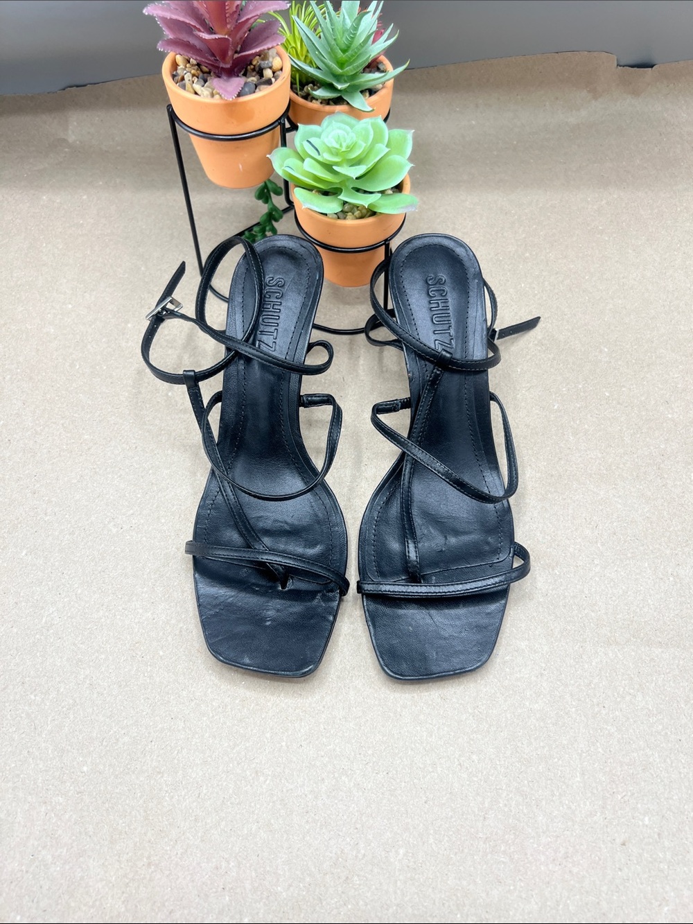 SCHUTZ Black Strappy Square-Toe Heels
